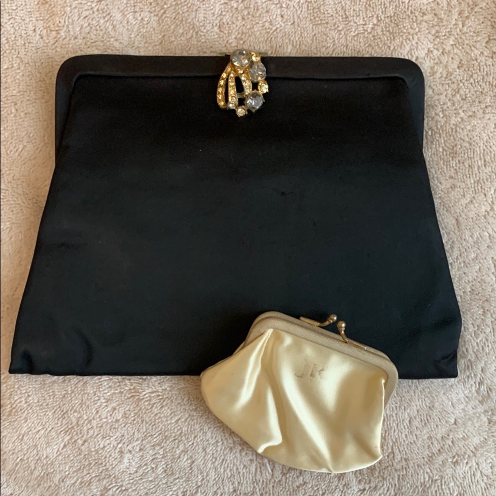 Vintage Clutch, 60's, Elegant Black and pale Gold satin w/coin purse